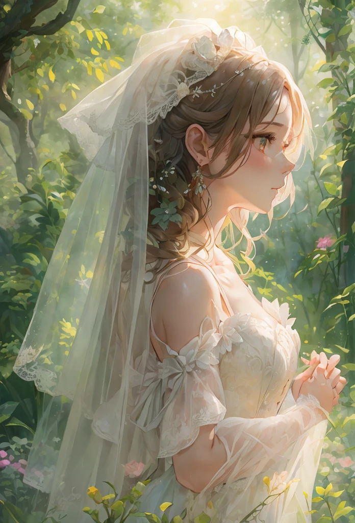 A woman in a wedding dress is standing in the garden, Gweiz-style artwork, guweiz on pixiv artstation, Beautiful anime portraits, Guweiz on ArtStation Pixiv, Detailed digital anime art, Reusch and Urop, Beautiful anime artwork, Detailed portrait of an anime girl, Beautiful and detailed anime art, Beautiful anime art