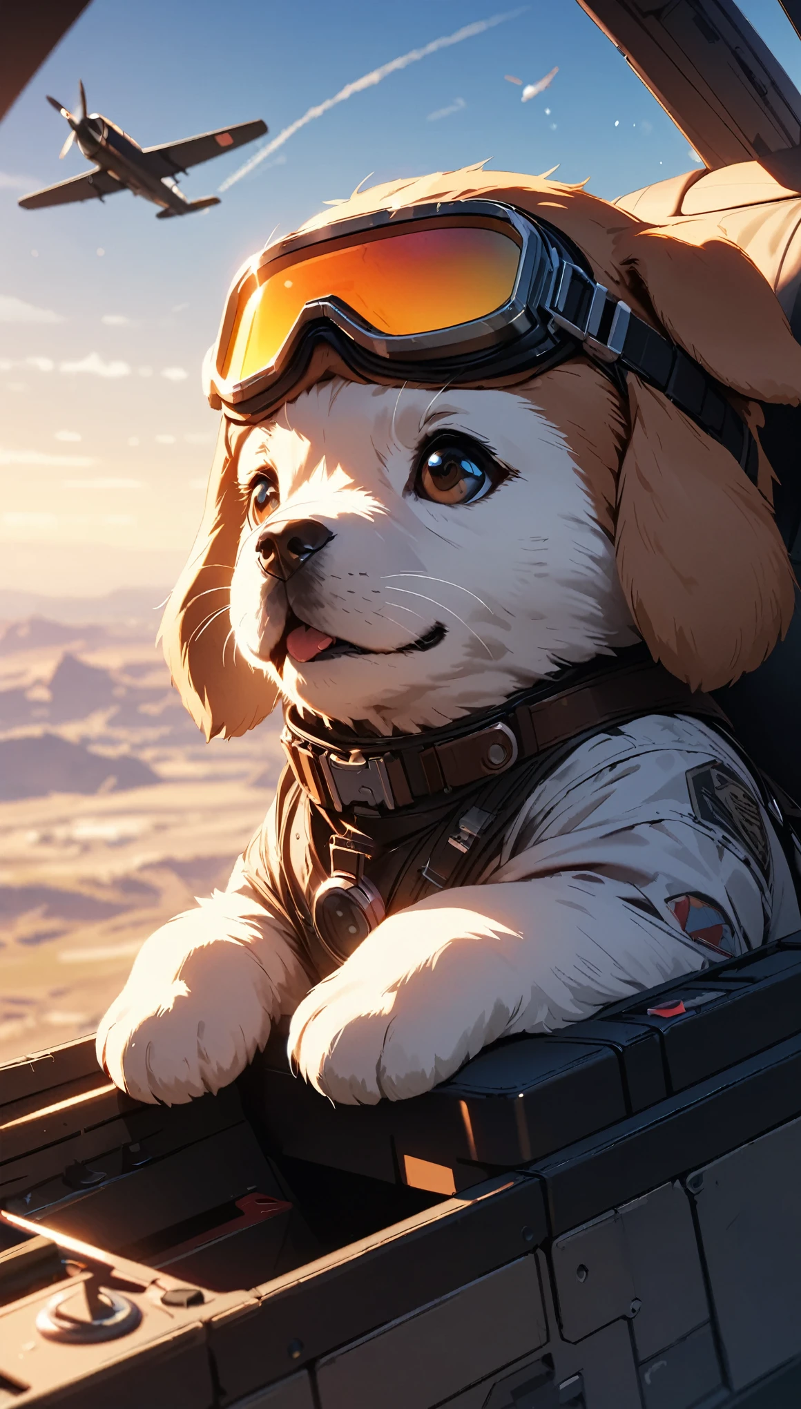 1 puppy:1.1, (((Puppy flying a plane, Wear goggles))), fantasy art pieces, Control Stick, Detailed cockpit, Bouncing gauge needles, Sky background, Gentle light, Light and shadow with attention to detail, Background Blur, (Highest quality:1.2, 4K, 8k, Very detailed, Attention to detail, masterpiece:1.2, Best aesthetics),