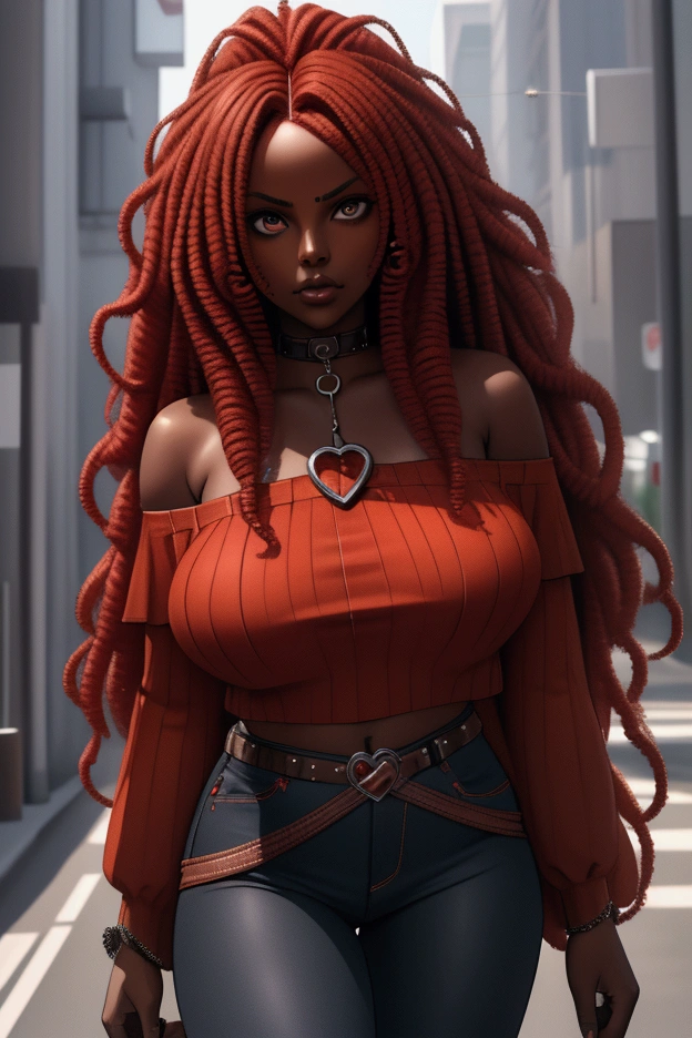 Top Quality, Dark Skin, Real Human Skin, (Detailed), Oval Face, Pore, Ultra High Definition, (8k, RAW Photography, Photorealistic: 1.4),there is a African-American woman with red hair and a black off-shoulder top, with curly red hair, red afro, red curly wig, red waist-long hair, red haired goddess, very long wavy fiery red hair, sza, she has long redorange hair, gothic jeans, red belt with heart-shaped buckle