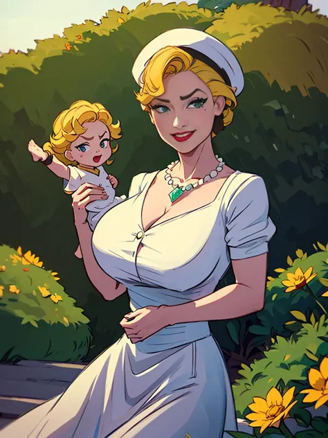 Helga Sinclair, her holding baby girl, Victorian dress, huge breasts, glowing crystal necklace, white top brown skirt, smile, wh...