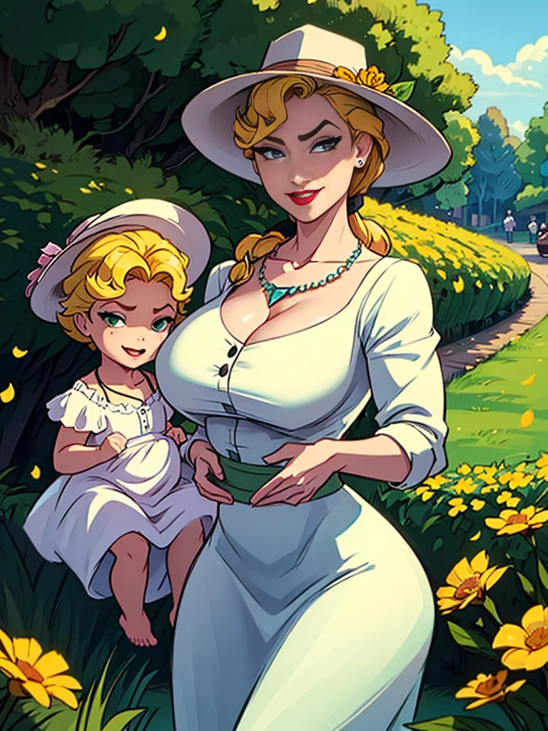 Helga Sinclair, her holding baby girl, Victorian dress, huge breasts, glowing crystal necklace, white top brown skirt, smile, white button blouse, buttons undone, hair up, brown hat with yellow flowers, looking at viewer, in park, green hedges