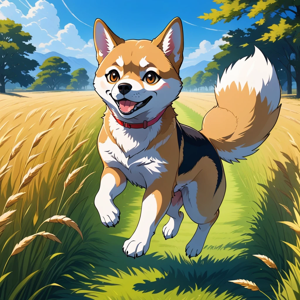 ((Masterpiece)), ((Best Quality)), (Very Detailed), ((Very Detailed)), 4K, (8K), very aesthetic, absurdres highres, 1 girl, (anthropomorphic shiba dog, furry, kemono:1.5), A sunny meadow with a blue sky. A dog is running as fast as it can in the vast grassland. The dog's body is completely stretched out, its front and back legs floating in the air, giving the impression that it is flying. In a single moment of cropping, the dog's fur fluttering in the wind and the grass swaying softly create an atmosphere of  and vibrancy.