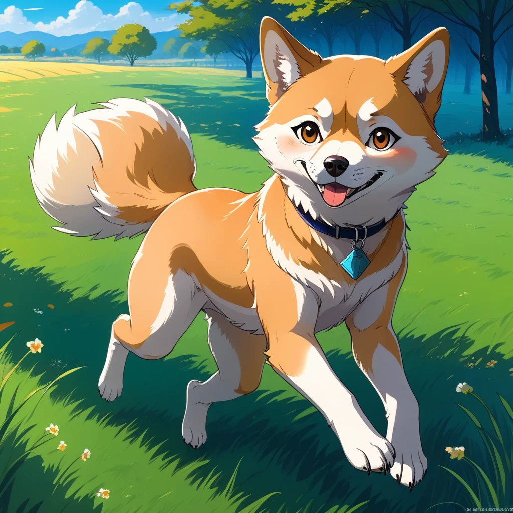 ((Masterpiece)), ((Best Quality)), (Very Detailed), ((Very Detailed)), 4K, (8K), very aesthetic, absurdres highres, 1 girl, (anthropomorphic shiba dog, furry, kemono:1.5), A sunny meadow with a blue sky. A dog is running as fast as it can in the vast grassland. The dog's body is completely stretched out, its front and back legs floating in the air, giving the impression that it is flying. In a single moment of cropping, the dog's fur fluttering in the wind and the grass swaying softly create an atmosphere of freedom and vibrancy.