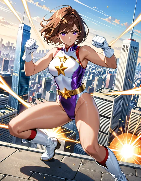 (masterpiece), (best quality), (high res), medium breasts, ((leotard, white and red leotard, matching leotard, sleeveless, bare legs)), ((tight belt, gold belt)), ((boots, matching boots, ankle-high boots, white boots)), ((gloves, white gloves)), city backdrop, tokyo city backdrop, solo, solo focus, dynamic fighting pose, (full body), cowboy shot, superhero, ((beautiful detailed eyes)), ((gold star symbol on chest)), (brown hair, medium hair, bob hair, purple eyes), (perfect hands, perfect anatomy), superhero, ((beautiful detailed eyes)), full body costume design. energy ball on hand.