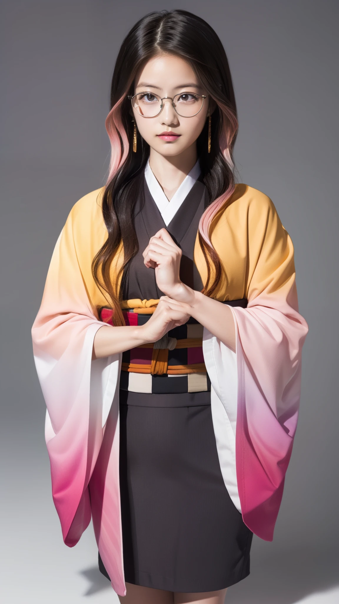 Cute Japanese woman, (16 years old), (Very cute face), White moist skin, Looking at the camera, Melancholy expression, (Glasses: 1.4),
BREAK,
Idol,
BREAK,
(Wearing cute kimono: 1.3), (Highly revealing kimono), Very large earrings, Short length,
BREAK,
(Fighting pose: 1.1),
BREAK,
(Long hair), (Pink hair: 1.4), (Wavy hair), (Gradient hair: 1.3), (Red hair at the ends),
BREAK,
(Realistic: 1.3), Masterpiece, Perfect lighting, (Ultra high resolution), (8K), (Highly detailed: 1.4), (From the front), (Full body: 1.4), (Symmetrical: 1.2), (One shot),
BREAK,
(Shibuya city in Japan: 1.2),
BREAK,
(Demon Slayer: 1.4),
BREAK,
(Imada Mio: 1.4),