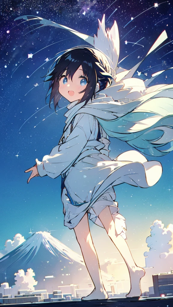 Fuji Mountain,Walking down the street,Girl,Black Hair,milky way,Twinkling Stars々,Beautiful sky,splash,Long Hair,Long legs,Blue Background,Ocean,Clear eyes and nose,cute,beautiful,Dazzling sky,blue sky,morning