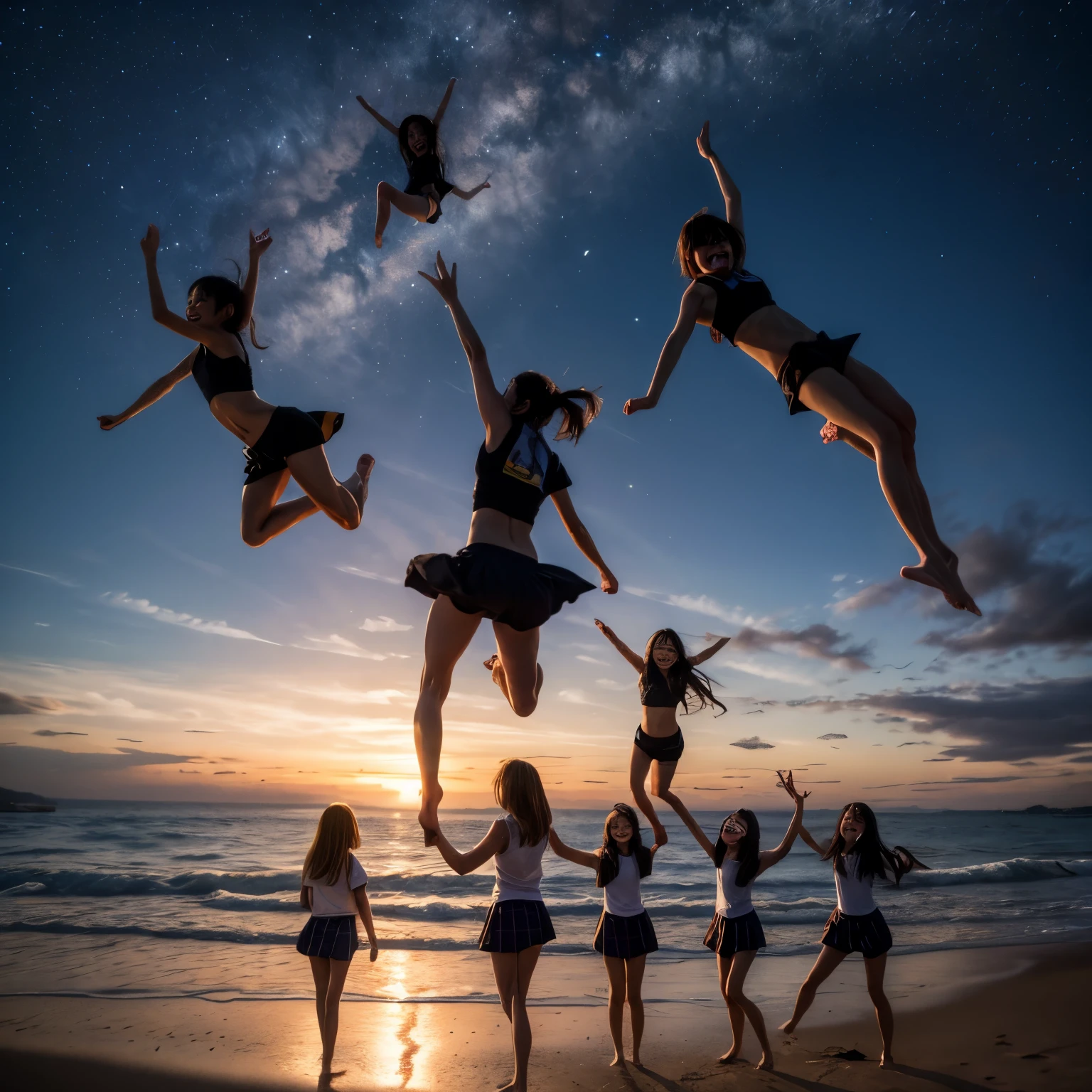  Masterpiece of ProfessionalPhoto ((ExtremelyDetailed (12 PICHIPICHI KAWAII Girls Floating in The Air in a row:1.37) in WHITE at Dusk Enoshima Beach)), {(Standing Full Body:1.2)|(from below:1.2)|Detailed KAWAII face}, Different types of hair colors, {(skinny(school swimwear))|(SchoolUniform)with Skinny AthleticShorts}, {(Corrected Childish hand)|Hidden hand|Different types of breasts|(Clearly Visible the shape of Butt)}, Joyful Expressions LifeLike Rendering, PerfectLighting, (Dazzling Horizon Visible through ThighGap), (Starry IridescentParticles:1.22) ColorfulClouds