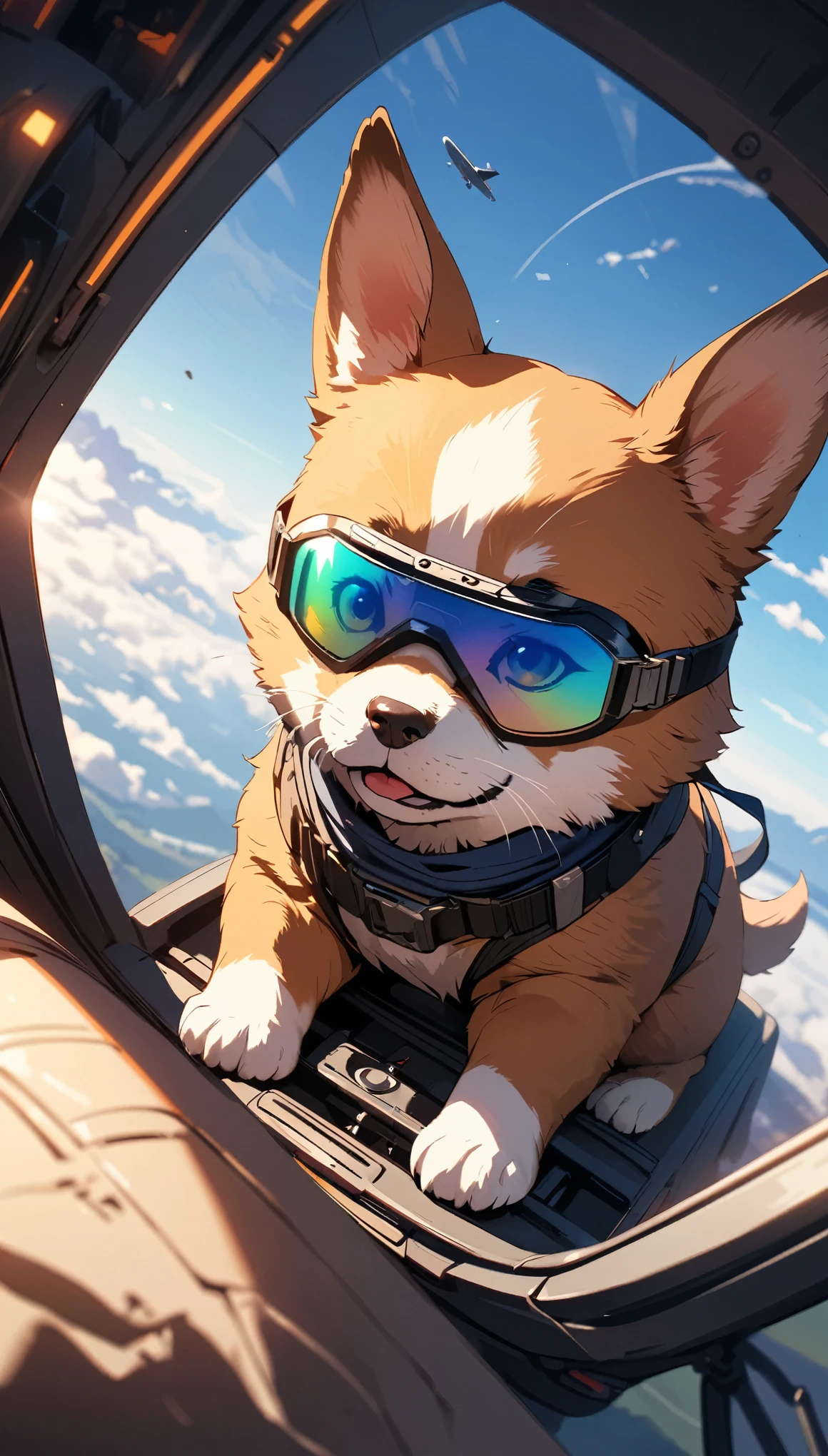 1 puppy:1.1, (((Puppy flying a plane, Wear goggles))), fantasy art pieces, Control Stick, Detailed cockpit, Bouncing gauge needles, Sky background, Gentle light, Light and shadow with attention to detail, Background Blur, (Highest quality:1.2, 4K, 8k, Very detailed, Attention to detail, masterpiece:1.2, Best aesthetics),