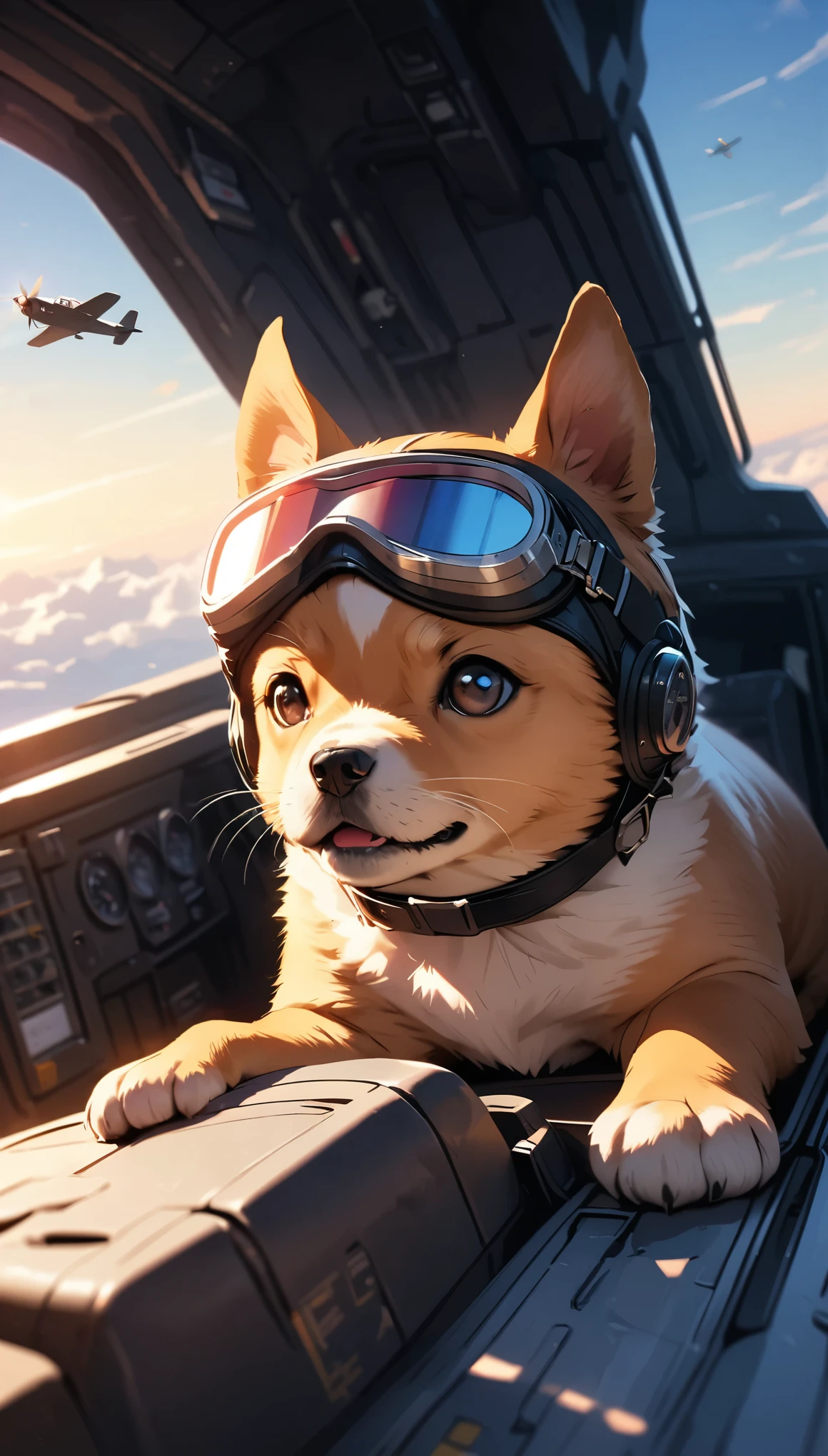 1 puppy:1.1, (((Puppy flying a plane, Wear goggles))), fantasy art pieces, Control Stick, Detailed cockpit, Bouncing gauge needles, Sky background, Gentle light, Light and shadow with attention to detail, Background Blur, (Highest quality:1.2, 4K, 8k, Very detailed, Attention to detail, masterpiece:1.2, Best aesthetics),