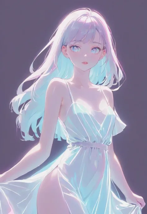 1girl, wering a white dress, (Shining pastel colour themes:1.3), White, pastel pink, pastel blue, 
portrait, (((Line art in glowing white neon)))