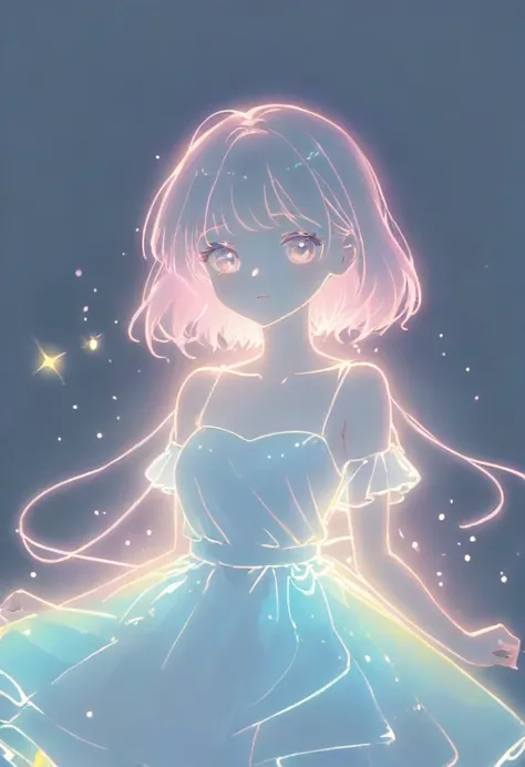 1girl, wering a white dress, (Shining pastel colour themes:1.3), White, pastel pink, pastel blue, portrait, (((Line art in glowing white neon)))