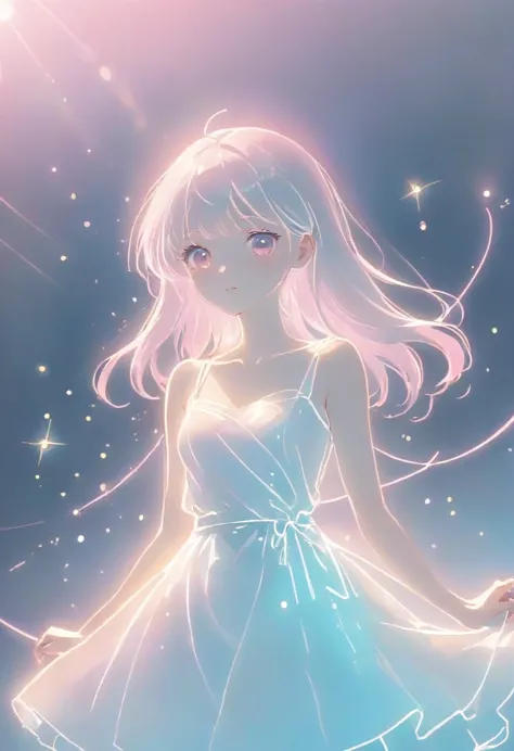 1girl, wering a white dress, (Shining pastel colour themes:1.3), White, pastel pink, pastel blue, portrait, (((Line art in glowing white neon)))