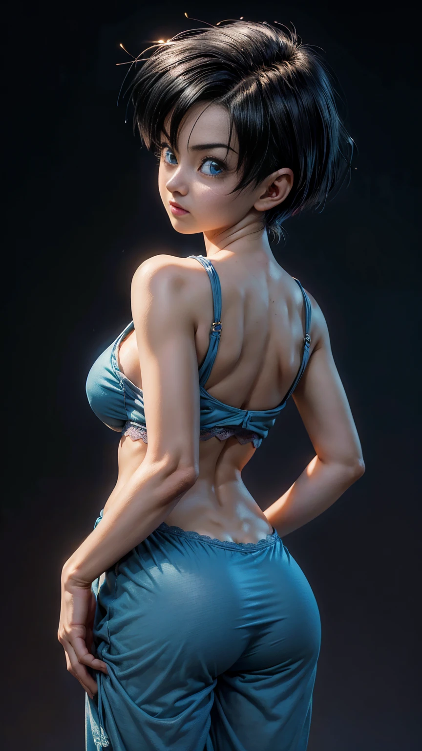 (((Videl))) ((from dragon ball)) (((huge boobies)))(()) (((a girl)))8k,(((complete body lleva ropa)))(((Amazing breasts)))Panas, comely,((Burn)), (((a girl))) 8k, everything hyper-realistic, like an unreal engine ray tracing rendering ((hyperrealistic human style)),(((Empty dark background))). everything hyper-realistic, like an unreal engine ray tracing rendering estilo humano realista ,(((Empty dark background)))., softly-lit, Intimate and exquisite details, sharp focus, intrincately detailed, rewarded photography, small spotlight, low-contrast, High- sharpness, facial-symmetry, Depth of field, cinematic background, unreal engine rendering, center image, dream like, softly-lit, intimate, imagen de complete body ,complete body,((busty)),((shapely legs)) ((ecchi perfect POV from front , lace , blue pyjamas ))((huge perky breasts, deep cleavage))  ((looking back, backside, POV from back))