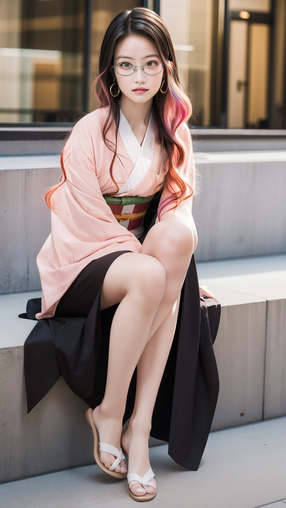 Cute Japanese woman, (16 years old), (Very cute face), White moist skin, Looking at the camera, Melancholy expression, (Glasses: 1.4),
BREAK,
Idol,
BREAK,
(Wearing cute kimono: 1.3), (Highly revealing kimono), Very large earrings, Short length,
BREAK,
(Fighting pose: 1.1),
BREAK,
(Long hair), (Pink hair: 1.4), (Wavy hair), (Gradient hair: 1.3), (Red hair at the ends),
BREAK,
(Realistic: 1.3), Masterpiece, Perfect lighting, (Ultra high resolution), (8K), (Highly detailed: 1.4), (From the front), (Full body: 1.4), (Symmetrical: 1.2), (One shot),
BREAK,
(Shibuya city in Japan: 1.2),
BREAK,
(Demon Slayer: 1.4),
BREAK,
(Imada Mio: 1.4),