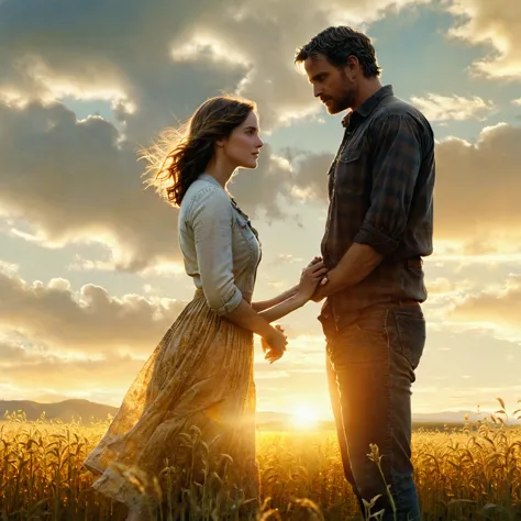 there is a man and a woman standing in a field, the most beautiful scene, wonderful scene, movie promotional image, cinematic mo...