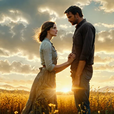 there is a man and a woman standing in a field, the most beautiful scene, wonderful scene, movie promotional image, cinematic mo...