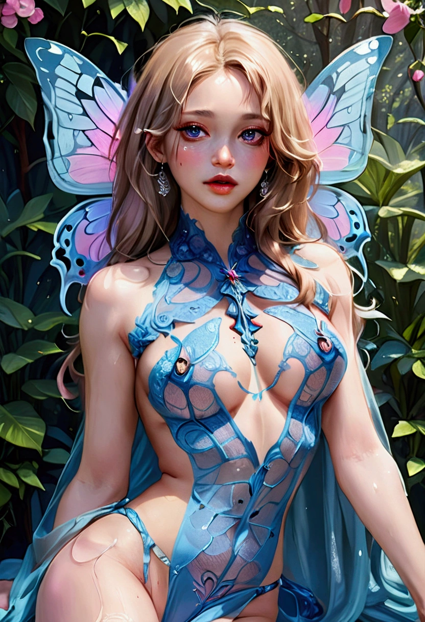 una imagen de un hada de la selva, una belleza extraordinaria, Belleza elegante, divina hermosa hada, ((anatómicamente correcto: 1.5)) extender las alas de mariposa, alas azules y moradas, Ojos rosados, ojos brillantes, (ultra detallado face: 1.2), mejor cara detallada,  pelo rubio, cabello rico, pelo ondulado, vestido glamuroso, vestido salvaje, vestido decorado con flores de la selva,  sentado en un enorme árbol de heliconia en la selva tropical, rayos de sol que atraviesan los árboles, Estilo hiperrealismo, vibrante, Resolución ultraalta, alto contraste, (obra maestra:1.5), de la máxima calidad, Mejor estetica), mejores detalles, mejor calidad, alta resolución, Ultra gran angular, 16k, [ultra detallado], obra maestra, mejor calidad, (extremadamente detallado) CRUDO, Estilo artístico chumbasket, Cuento de hadasAI, alas de hada, 