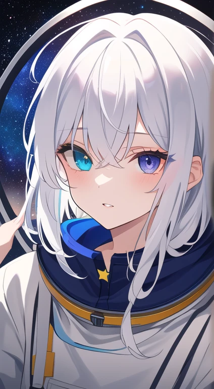 Quality masterpiece:1.5)0.9], (Space and astronauts:1.2) (Disheveled silver hair:1.1) (Heterochromia yellow eyes and blue eyes:1.2) (Space Helmet:1.0) (Colored stars in my eyes:1.0) (Shining Light:1.1) (Big Lips:0.9)