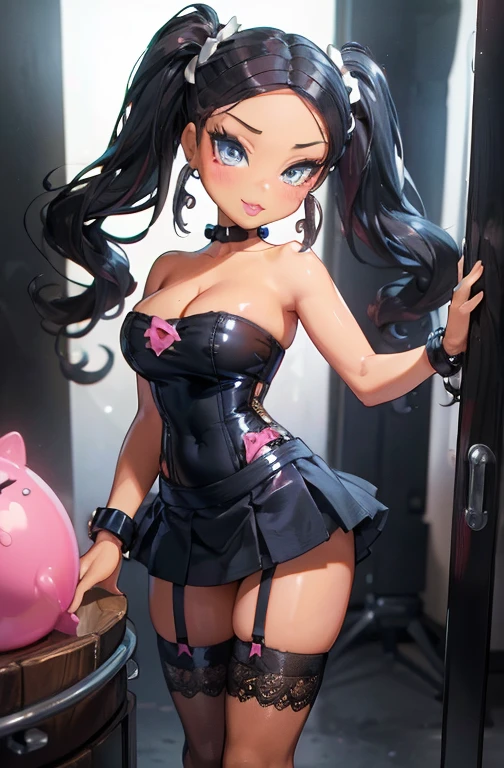 ((masterpiece)) ,((Bratz Doll)), ((Busty Bitches)), My friend's exotic milf Mom doing a photo shoot in the studio, dark skin, tan skin,  dark blue hair with 2 long pigtails,(( black and white strapless miniskirt dress)), pink lace stockings, seductive smile 