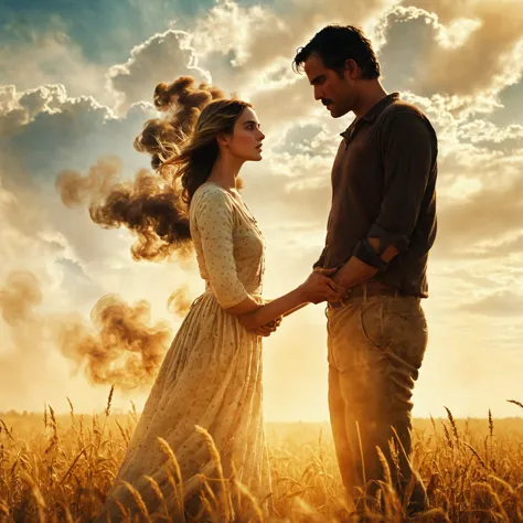 there is a man and a woman standing in a field, women is faiding away into dust and smoke, the most beautiful scene, wonderful s...