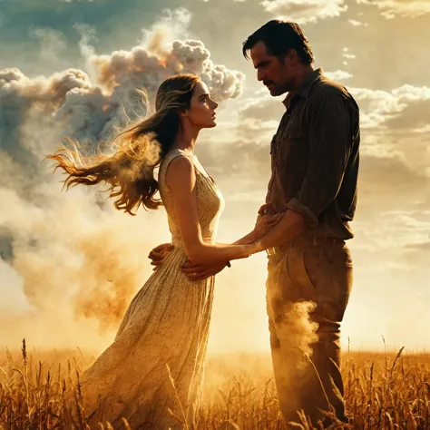 there is a man and a woman standing in a field, women is faiding away into dust and smoke, the most beautiful scene, wonderful s...