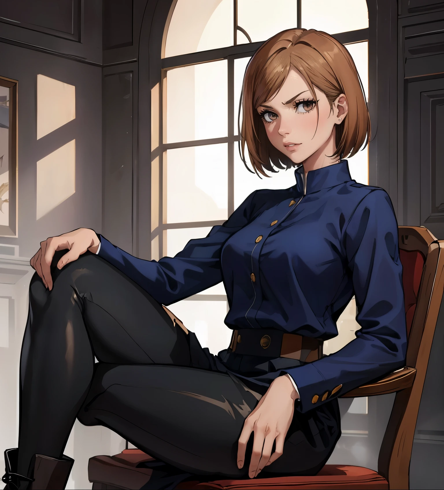 (masterpiece:1.2, best quality:1.2, beautiful, high quality, highres:1.1), 1girl, detailed, short hair, short brown hair, short brown hair, full body, sitting on a chair, admiring viewer, posing, extremely detailed 4K, perfect eyes, perfect face, dark blue skirt, black leggings, black tight pants, brown boots, jujutsu kaisen, uniform, dark clothes only, 1girl , circle arms, serious gaze, ready for battle, jujutsu uniform, full uniform,dark blue clothes, dark clothes, fully clothed, showing body, upper body, combat face, brown shiny eyes, brown colored eyes, upper body view, portrait, posinf hands, calm face, happy attitude, posing, hands, arms, side bangs, short hair, Nobara Kugisaki, perfect eyes dangerous, brown colored eyes, exotica, Nobara Kugisaki LoRA, blue shirt, jujutsu uniform, beautiful view, indoors, background, sleeves, beautiful face, perfect lighting, (1girl, solo, adult female, mature female), thin, lithe body, Nobara, light brown, (medium breasts), ((sensual seductive))