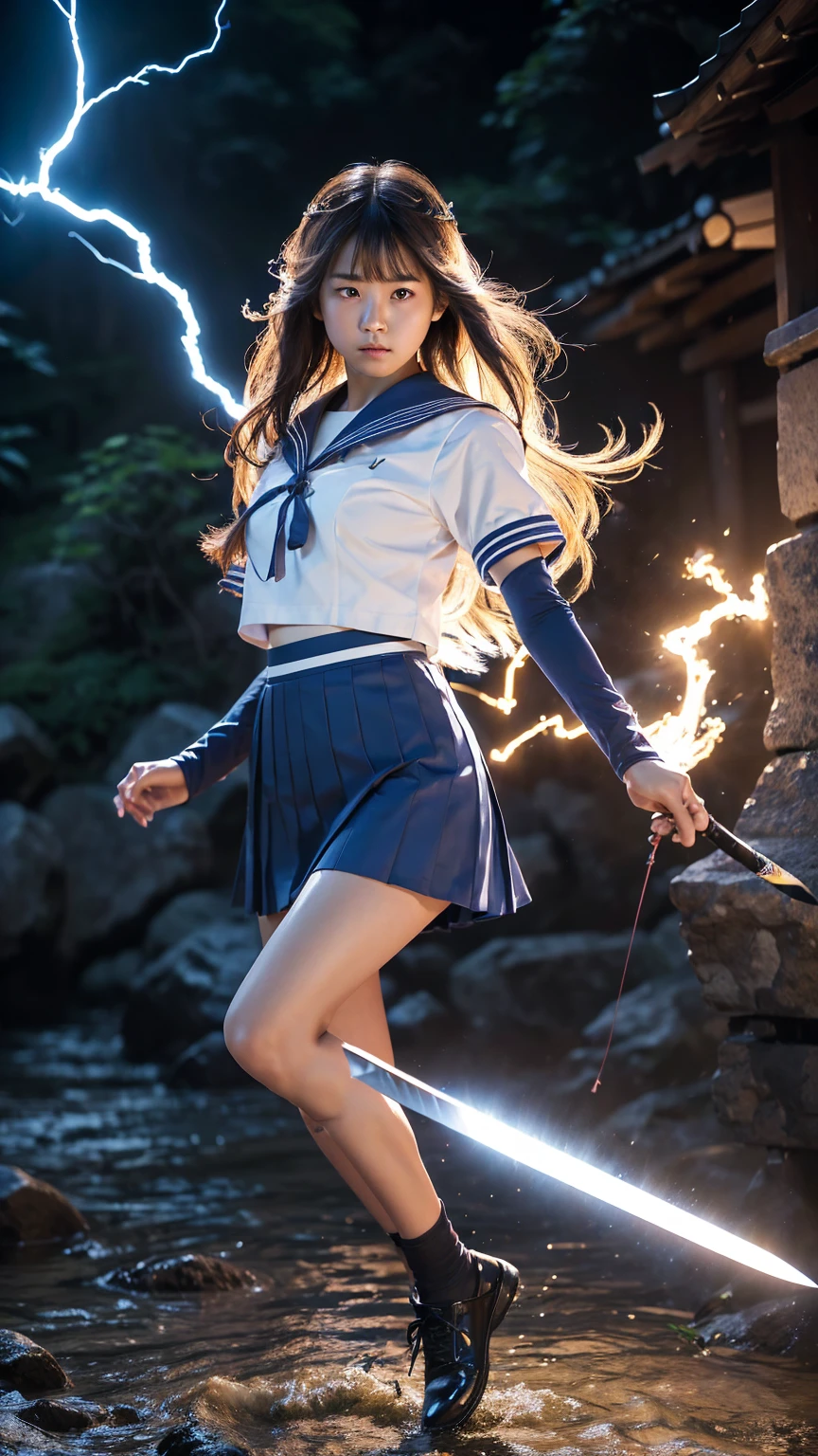 (Ultra HD, Highest quality, High resolution, Surreal, so beautiful), 24000dpi, Beautiful woman, Long Tail, Well-formed eyes, greatest visual acuity, 18-year-old, Fascinating, Totally American, Perfect body, Physical Beauty, ((Japanese blue sailor uniform, Navy blue mini skirt, Seraphim)), (((2 Foot Knife, He has an electric Japanese sword., Bidirectional))), Blue Lightning, Charge Move, Special Move Stance, All-in-one, dance, whole body