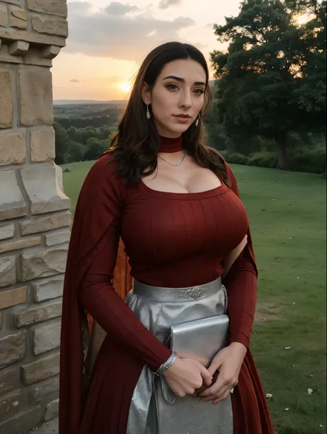 Gorgeous and sultry busty athletic (thin) brunette queen with sharp facial features wearing a modest updo, dark red medieval dress, long sleeves, intricate patterns, scrollwork, wide neck, crown, veil, long dress, modest dress, tight bodice, silver belt, (waist chain), medieval jewelry, Middle Ages, castle, rampart, wall, exterior, on top of a castle wall, trees, countryside, evening, sunset.