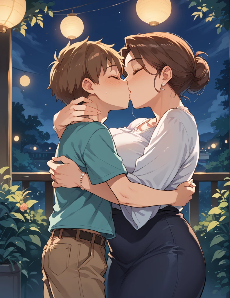 score_9, score_8_up, score_7_up, source_anime, 1boy, 1girl, mature female,  mother and son, kid, hug, kissing, date night, romantic 