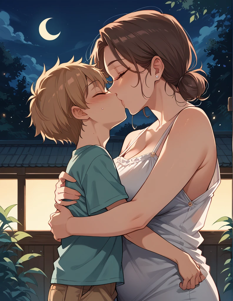 score_9, score_8_up, score_7_up, source_anime, 1boy, 1girl, mature female,  mother and son, kid, hug, kissing, date night, romantic, loose hairs, sexy clothes