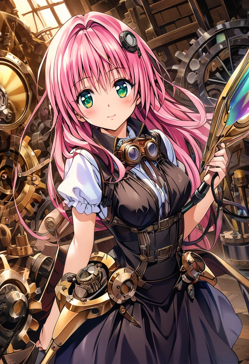 A girl named Lara Satalin Deviluke with long pink hair and green eyes, wearing a hair ornament with iridescent colors. She is a steampunk inventor with goggles and mechanical wings, standing in a workshop filled with gears and steam-powered gadgets. The image is in the style of Yabuki Kentaro's To Love-Ru art style, aiming to be a masterpiece of the highest quality, resembling official art and a grand prix award illustration. The image should feature professional lighting and emphasize iridescent colors throughout the scene.
