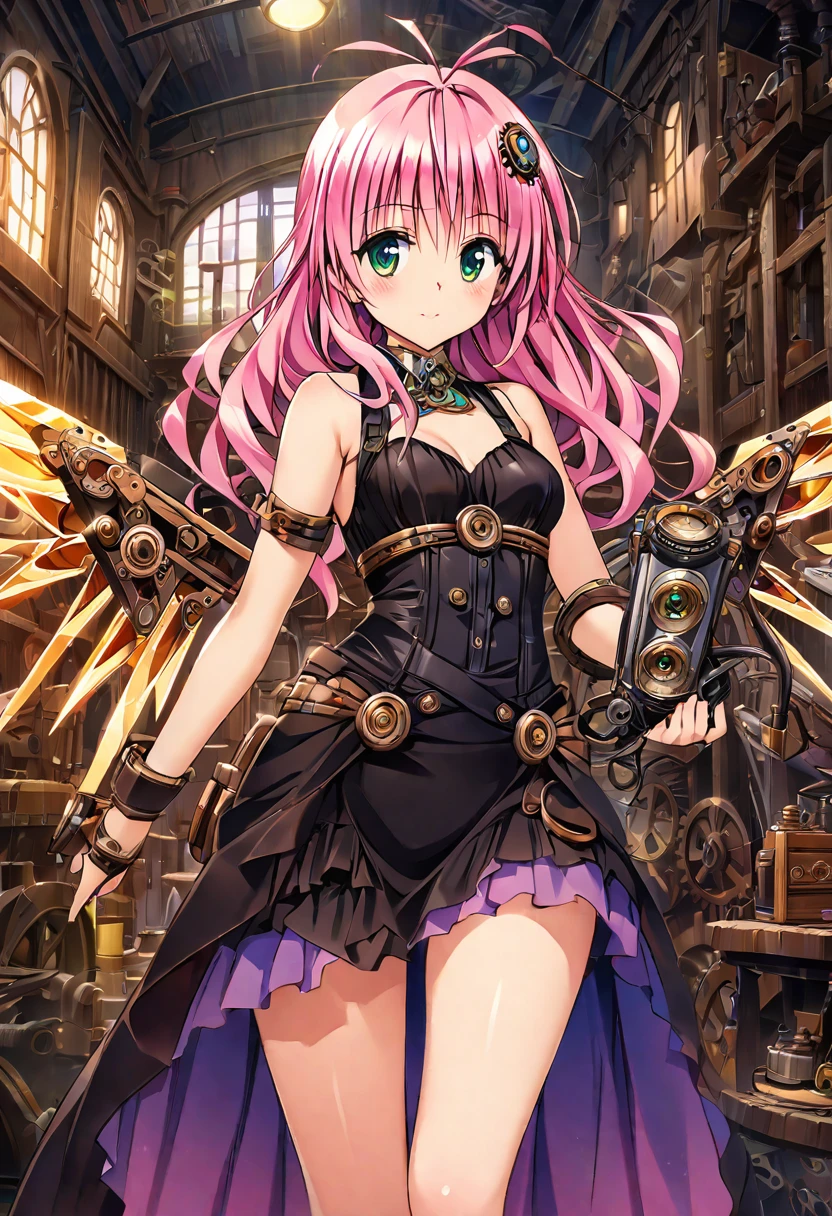 A girl named Lara Satalin Deviluke with long pink hair and green eyes, wearing a hair ornament with iridescent colors. She is a steampunk inventor with goggles and mechanical wings, standing in a workshop filled with gears and steam-powered gadgets. The image is in the style of Yabuki Kentaro's To Love-Ru art style, aiming to be a masterpiece of the highest quality, resembling official art and a grand prix award illustration. The image should feature professional lighting and emphasize iridescent colors throughout the scene.
