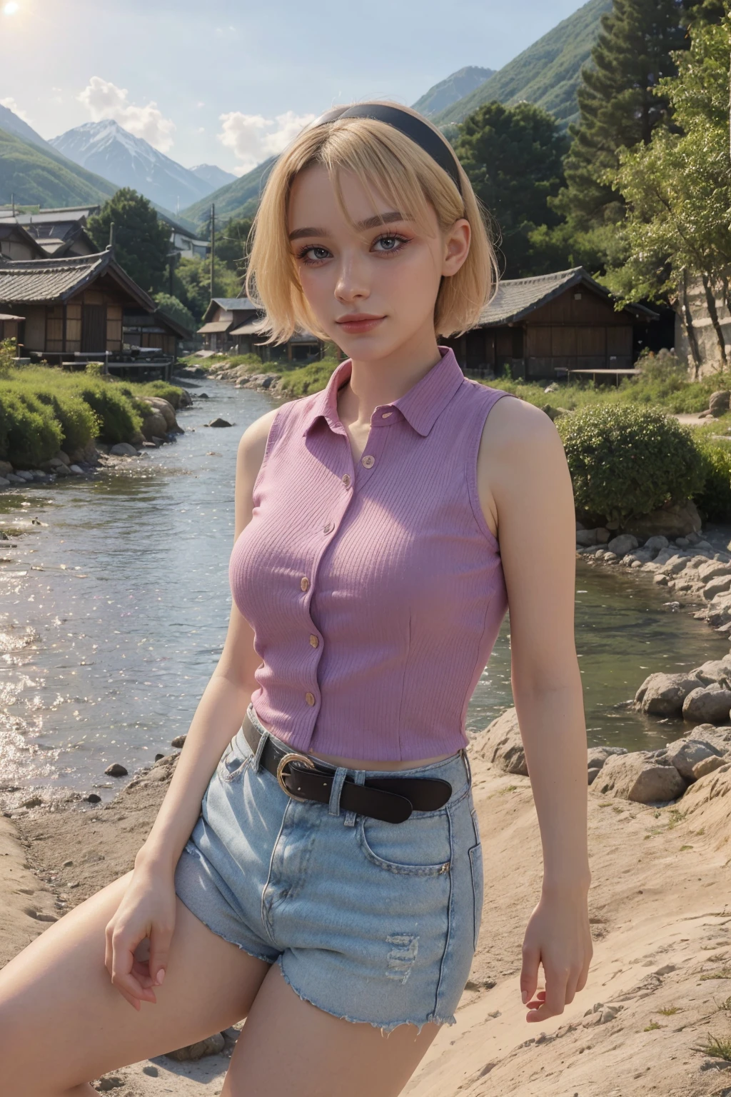 1 woman, adult woman, woman in her 30s, tarankaaa, NOT DASHA TARAN, full body standing, perfect body, best quality, 32k, photograph, full body (head to toe), tone mapping, ((houjou satoko,short hair,black hairband,blonde hair,violet eyes,hair between eyes,collared shirt,sleeveless shirt,pink shirt,shirt tucked in,mid sized breasts,belt,short shorts,blue shorts,white socks,pink footwear, athletic, big woman)), asian-european, ((golden blonde hair, short hair, purple eyes)) perfectly drawn hands, ((masterpiece)), ((highres)), ((detailed background)), japanese village background, next to a river, (big proportions), cute pose, beautiful smile, ((perfect eyes, detailed eyes, realistic eyes)), ((sharp face, detailed face, realistic face, natural skin, realistic skin, detailed skin, pores)), (real wider legs, truly wider arms)