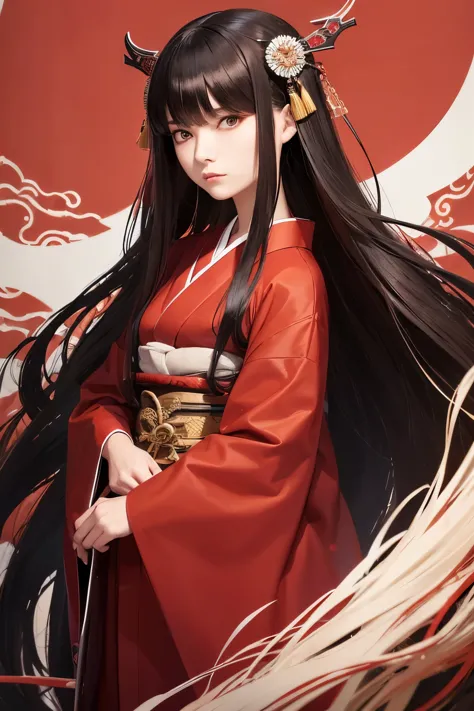 23 year old woman, long white and dark red kimono, long dark brown hair , hime cut, fully clothed, long flowing kimono, dark background, feudal japan background , holding traditional fan, stoic face, serious face , traditional japanese style