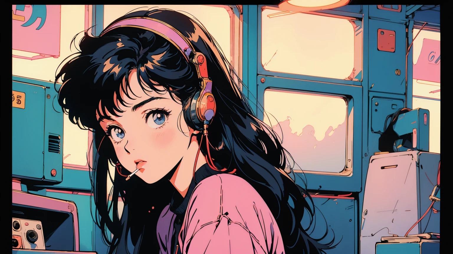 Retro arcade anime girl, 80年代のAnime atmosphere, 80s anime style, Retro Anime Girls, 1980's anime style, Retro anime images, Anime atmosphere, Playing games, smoking、４ｋ、Wear headphones