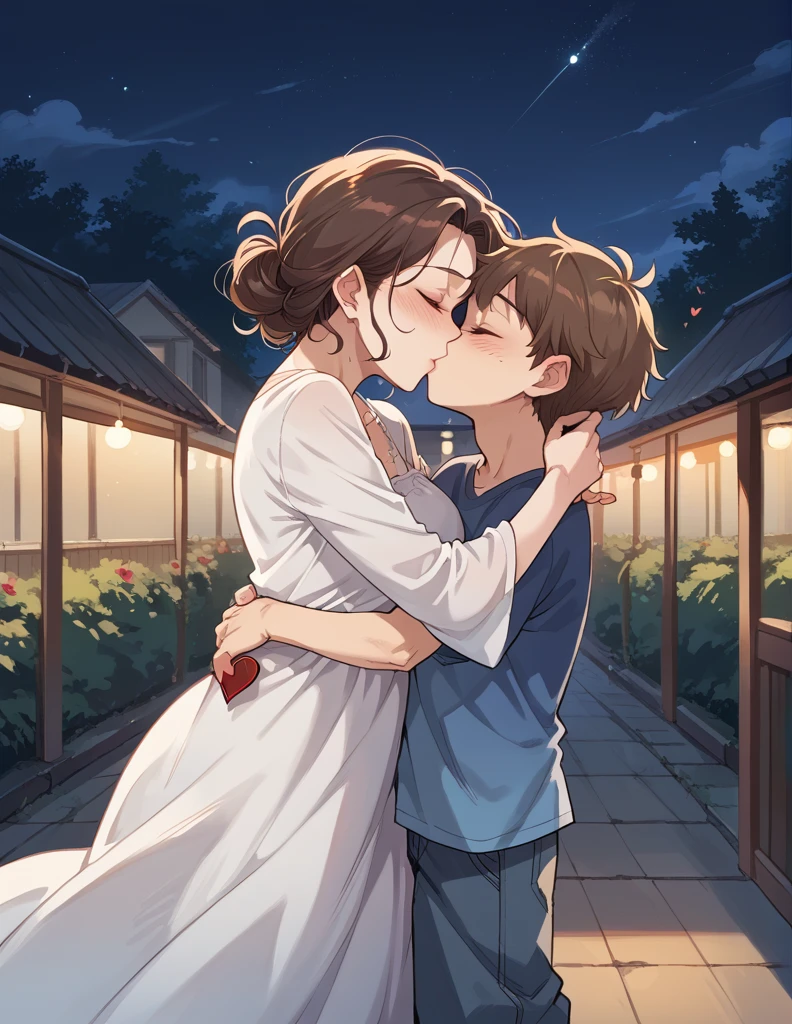 score_9, score_8_up, score_7_up, source_anime, 1boy, 1girl, mature female,  mother and son, kid, hug, kissing, date night, valentine's day, romantic, loose hairs, sexy dress