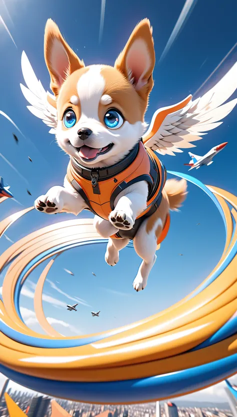 a flying puppy, highly detailed and charming, airborne puppy, dancing in the air, crazy, dynamic dancing motion, rapidly falling through the sky, funky eyes, jet fighter-like agility, perfect 3D CGI rendering, enhanced mobility with dynamic motion blur, masterpiece with supreme aesthetics, super retina