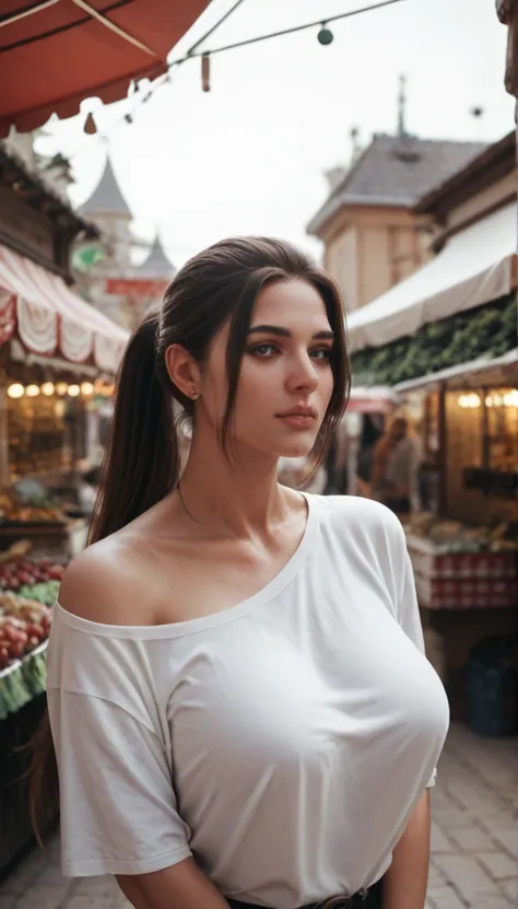 a beautiful women, white tshirt, big breast, long black thick ponytail, market