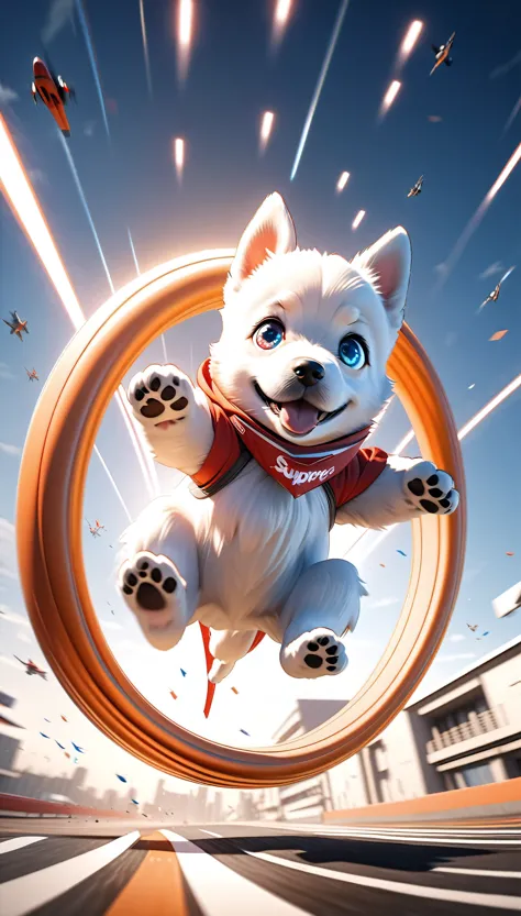a flying puppy, highly detailed and charming, airborne puppy, dancing in the air, crazy, dynamic dancing motion, rapidly falling through the sky, funky eyes, jet fighter-like agility, perfect 3D CGI rendering, enhanced mobility with dynamic motion blur, masterpiece with supreme aesthetics, super retina