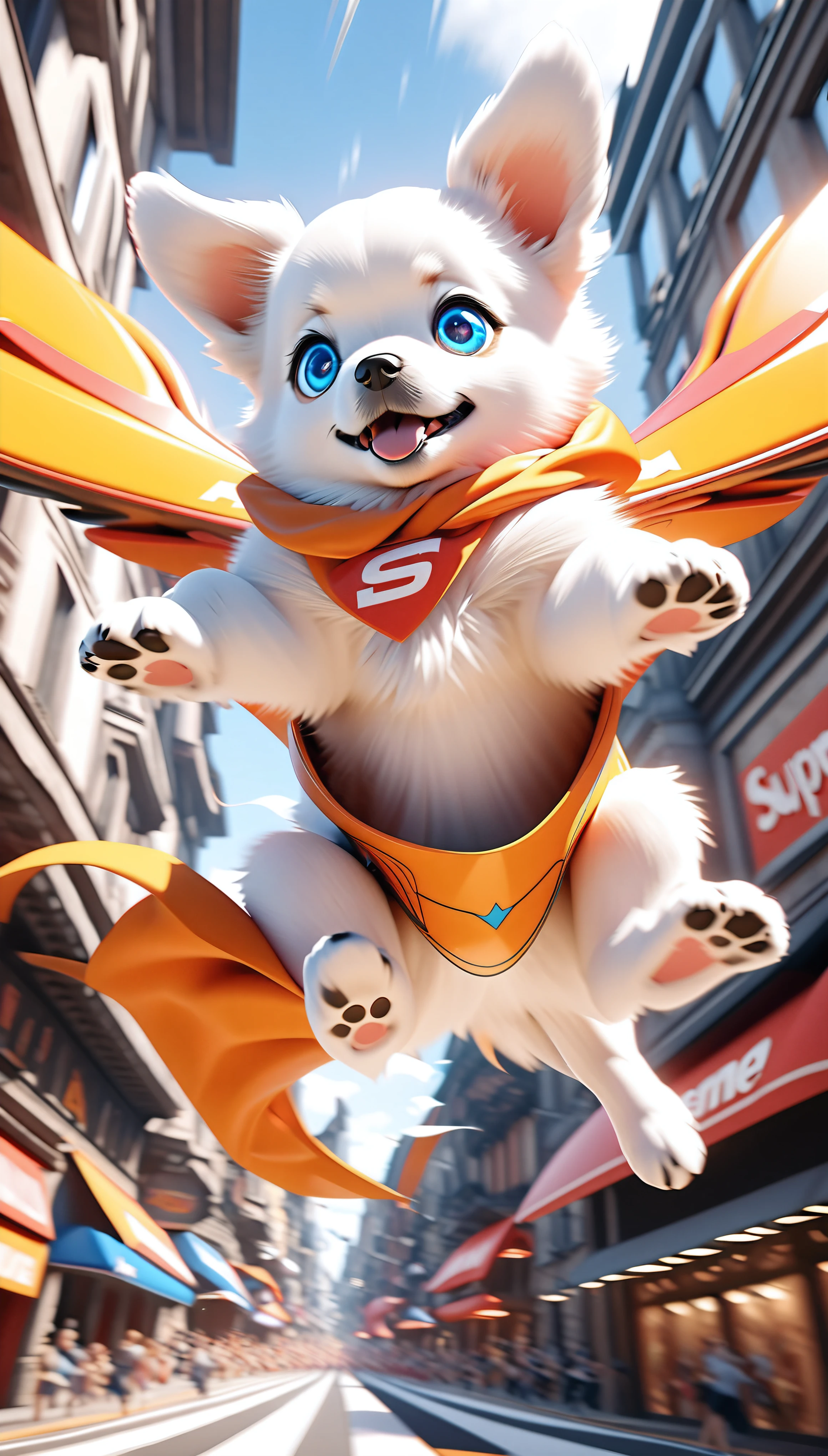 a flying puppy, extremely detailed and charming, soaring puppy, dancing in the air, crazy, dynamic dancing motion, rapidly falling through the air, funky eyes, fighter jet-like agility, perfect 3D CGI rendering, enhanced dynamism with motion blur, masterpiece with supreme aesthetics, super retina