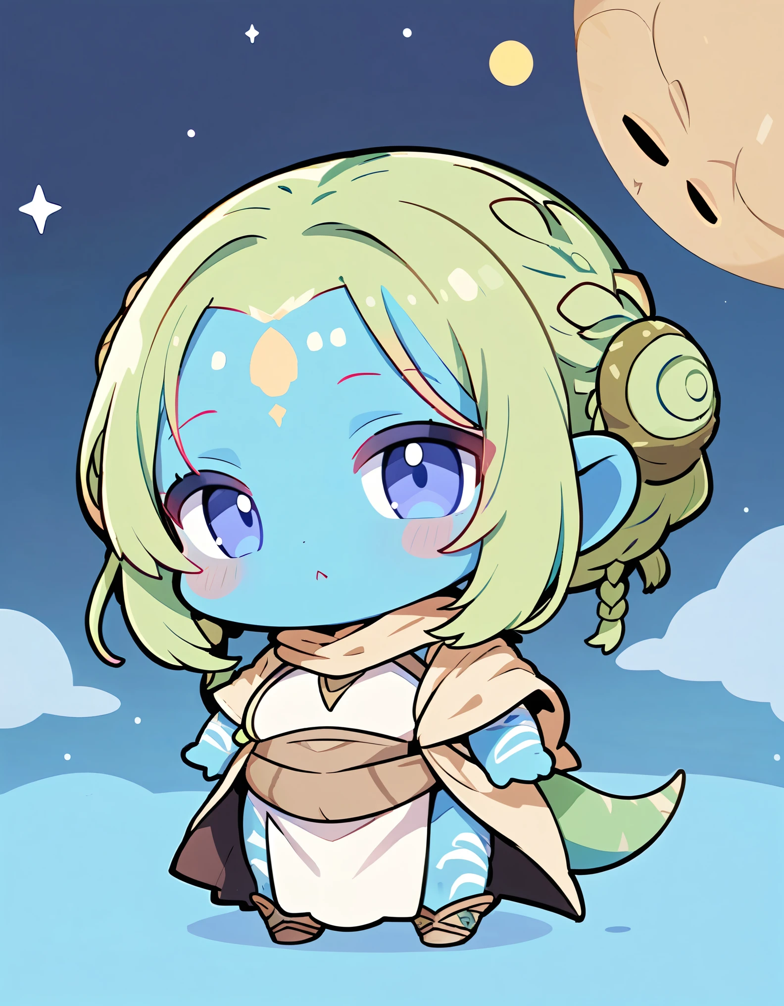 (alien woman,Blue Skin,Dreadlocks,Cute tail,Wearing a Jabba the Hutt costume),(chibi),(Chibi Character)