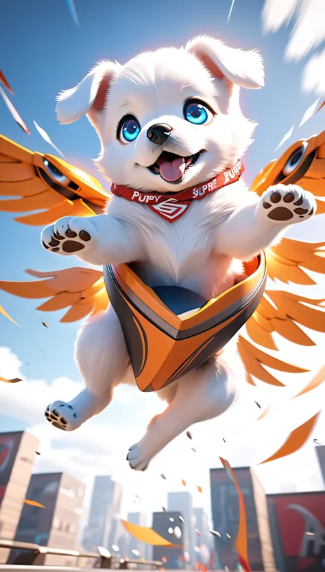 a flying puppy, extremely detailed and charming, soaring puppy, dancing in the air, crazy, dynamic dancing motion, rapidly falling through the air, funky eyes, fighter jet-like agility, perfect 3D CGI rendering, enhanced dynamism with motion blur, masterpiece with supreme aesthetics, super retina