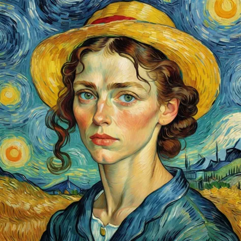 a picture of a woman by van gogh, colorful,