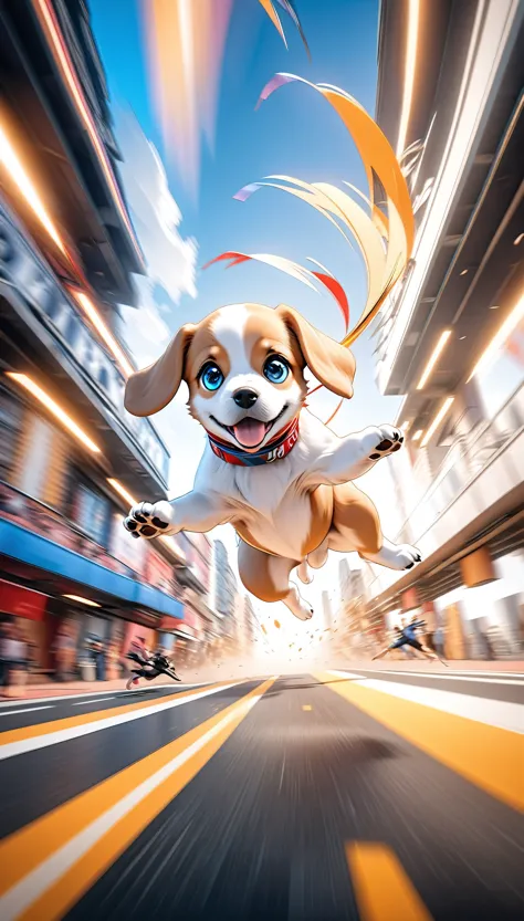 a flying puppy, extremely detailed and appealing, an insanely flying puppy, dancing in the air, crazy, dynamic dancing motion, falling rapidly through the air, funky eyes, jet fighter-like agility, perfect 3D CGI rendering, enhanced dynamic motion blur, an artwork with supreme aesthetic quality, super retina
