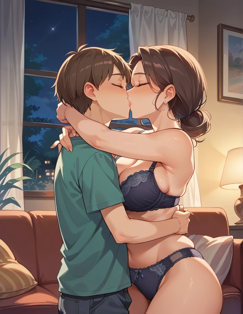 score_9, score_8_up, score_7_up, source_anime, 1boy, 1girl, mature female,  mother and son, kid, hug, kissing, date night, romantic, in the living room, wearing sexy bra and panty