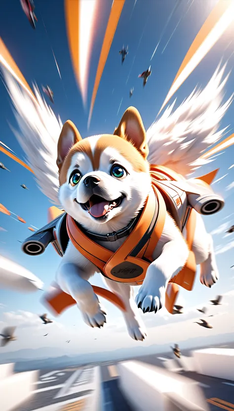 a dancing puppy flying through the air, extremely detailed, dynamic dancing motion, falling rapidly through the sky, funky eyes, jet fighter-like agility, perfect 3d cgi rendering, dynamic motion blur to enhance agility, an artwork with supreme aesthetics, super retina