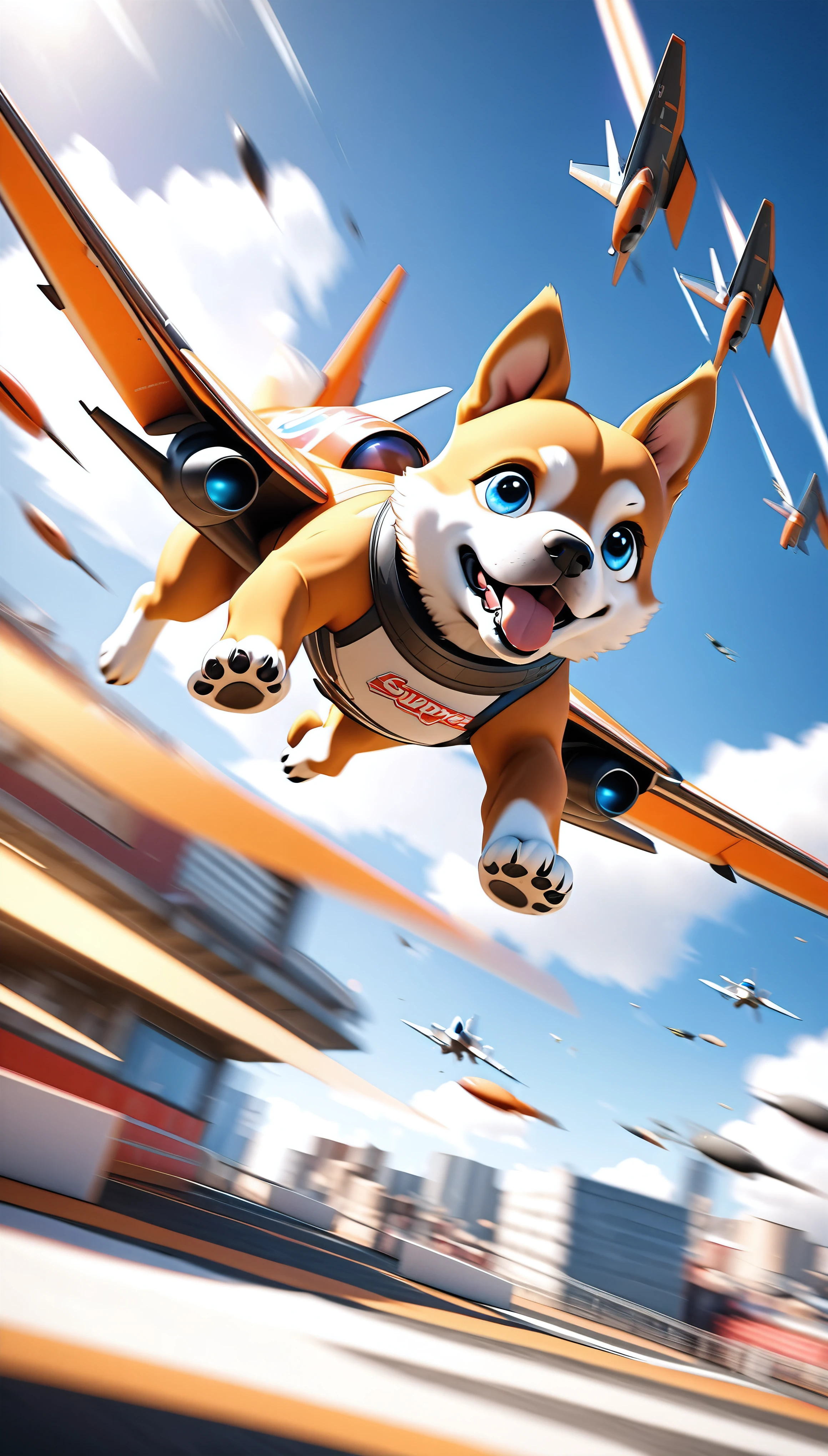 a dancing puppy flying through the air, extremely detailed, dynamic dancing motion, falling rapidly through the sky, funky eyes, jet fighter-like agility, perfect 3d cgi rendering, dynamic motion blur to enhance agility, an artwork with supreme aesthetics, super retina