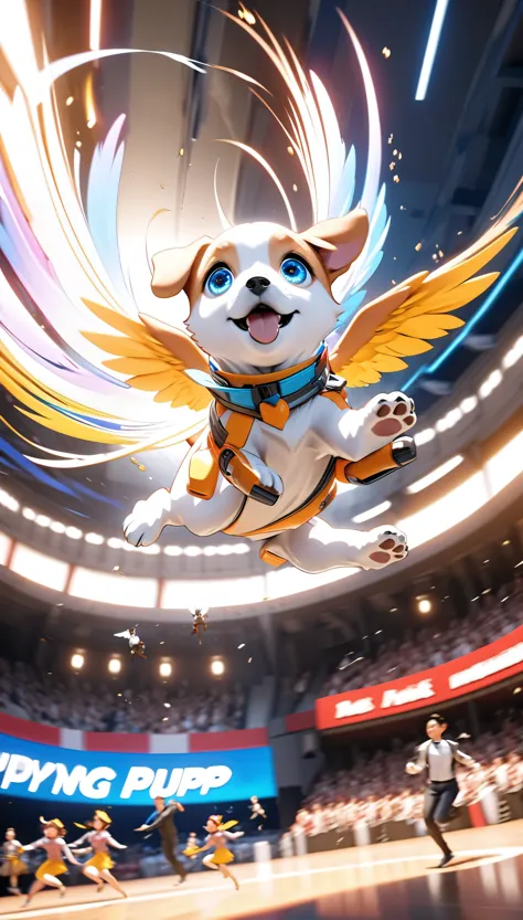 Flying puppy, Detailed and engaging explanations, ぶっFlying puppy, Dancing in the air, crazy, Dynamic dancing motion, Falling through the air at high speed, Funky Eyes, Jet dogfight-like maneuvers, Perfect 3DCG rendering, Dynamic Motion Blur for improved mobility, A work of art of the highest aesthetic quality, Super Retina, 