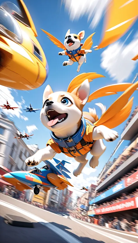 Flying puppy, Detailed and engaging explanations, ぶっFlying puppy, Dancing in the air, crazy, Dynamic dancing motion, Falling through the air at high speed, Funky Eyes, Jet dogfight-like maneuvers, Perfect 3DCG rendering, Dynamic Motion Blur for improved mobility, A work of art of the highest aesthetic quality, Super Retina, 