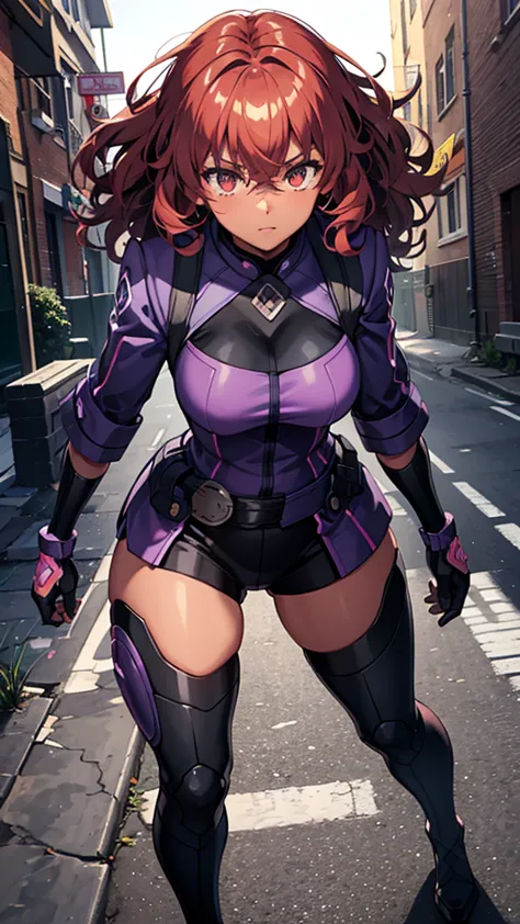 girl, curly hair, dark skin, violet color, perfect waist, thick thighs, fighting gauntlets, street gang clothing, belts, fluores...